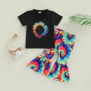 Kids Toddler Girls Casual Cute Multicolor Sunflower Print Short Sleeve T-Shirt Flare Trousers Set
