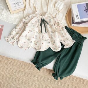 Kids Toddler Girls Casual Cute Tiny Flower Print Long Sleeve Blouses Trousers Set