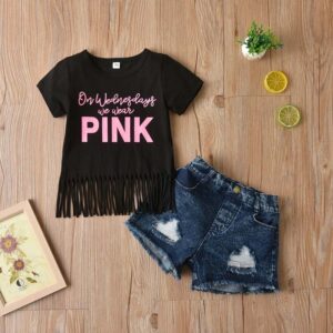 Kids Toddler Girls Fashion Casual Letter Print Short Sleeve Tassel T-Shirt Denim Shorts Set