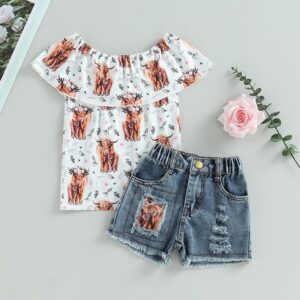 Kids Toddler Girls Fashion Casual Cow Print Sleeveless Off Shoulder TOP Denim Shorts Set
