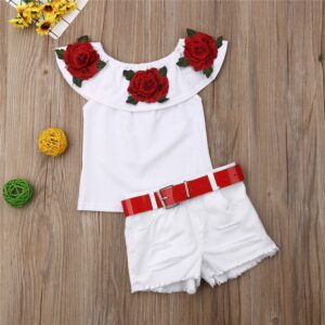Kids Toddler Girls Fashion Casual Flower Print Sleeveless Off Shoulder TOP Denim Shorts Set