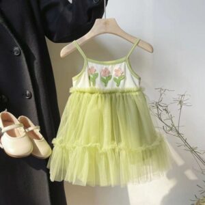 Kids Toddler Girls Casual Cute Flower Embroidery Sleeveless Mesh Strap Dress