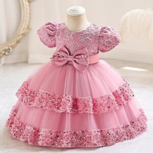 Kids Toddler Girls Casual Cute Flower Embroidery Bow Mesh Sequins Tutu Princess Dress