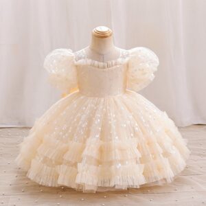 Kids Toddler Girls Casual Cute Party Bow Print Puff Sleeve Tutu Princess Dress