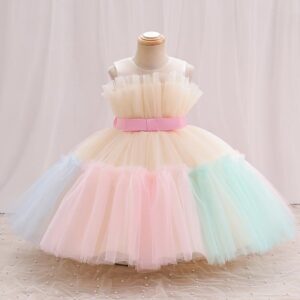 Kids Toddler Girls Casual Cute Party Bow Rainbow Gradient Color Mesh Sleeveless Tutu Princess Dress