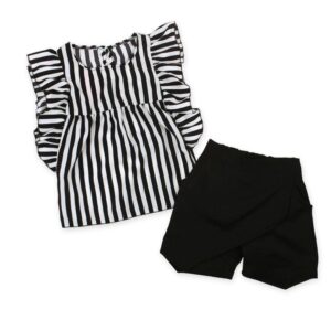 2 Pcs Fashion Set Girl Kid Child Stripes Print Sleeveless Tops And Shiorts