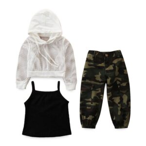 Girls Sleeveless Camisole And Long Sleeve Hooded Top And Camouflage Pants Set