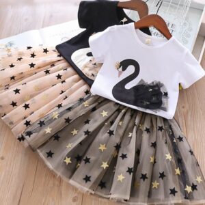 Girls Round Neck Swan Design T-Shirt And Star Pattern Skirt Set