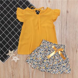 Girls Fashion Solid Color Tops And Flower Pattern Skirt Set