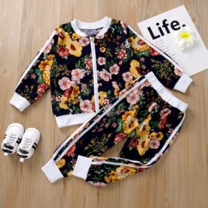Girls Retro Flower Pattern Tops And Pants Set
