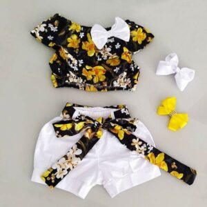 Girls Fashion Floral Tops And Solid Color Shorts With Belt Set