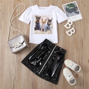 Girls Dog Printed T-Shirt And Solid Color Zipper Design PU Skirt Set