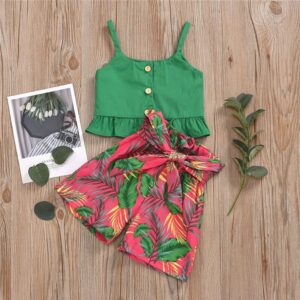Girls Stringy Selvedge Design Tops And Plants Pattern Shorts Set