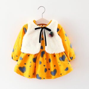 Girl Autumn And Winter Warm Information Printed Long Sleeve Dress And Plush Vest Two-Piece Set