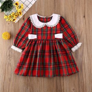Girls Christmas Plaid Print Lace Crew Neck Lace Long Sleeve Dress