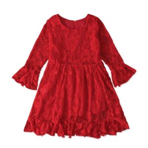 Kid Girl Red Lace Design Round Neck Dress