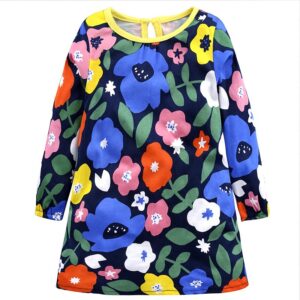 Fashion Girls Flower Pattern Long Sleeve Round Neck Dress