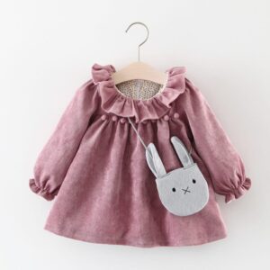Girls Ruffled Design Little Pompon Decor Solid Color Dress