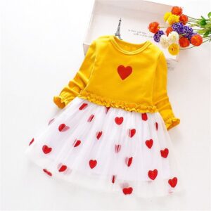 Sweet Girl Long Sleeves Red Heart Design Pachwork Dress