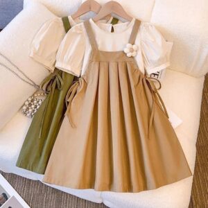 Kids Toddler Big Girls Casual Cute Solid Color Short Sleeve T-Shirt Strap Dress Set