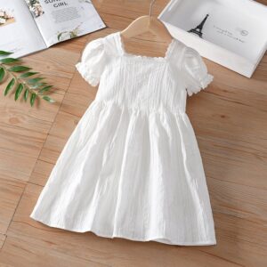 Kids Toddler Big Girls Summer Casual Cute Solid Color Short-Sleeved Square Neck Dress