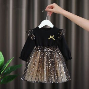 Kids Toddler Girls Casual Cute Cartoon Print Long Sleeve Round Neck Mesh Party Tutu Dress