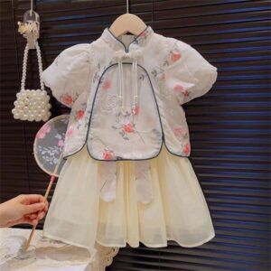 Kids Toddler Girls Casual Cute Hanfu Flower Print Short Sleeve Top Skirt Set