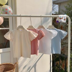 Kids Toddler Girls Casual Cute Solid Color Puff Sleeve Round Neck T-Shirt