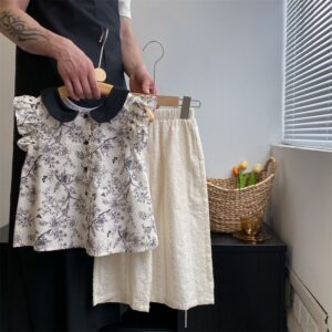 Kids Toddler Girls Casual Cute Tiny Flower Print Sleeveless Peter Pan Collar Blouses Pants Set