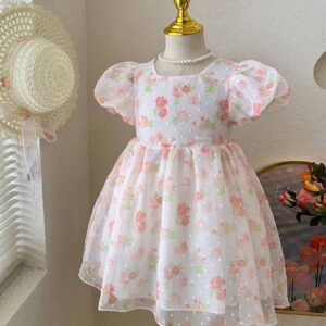 Kids Toddler Girls Casual Cute Tiny Flower Print Puff Sleeve Mesh Dress