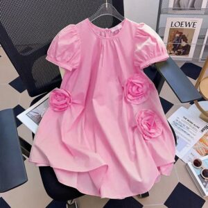 Kids Toddler Big Girls Casual Cute Solid Color Flower Short Sleeve Dress