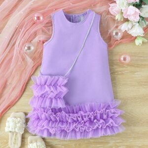Girls Fashion Solid Color Mesh Stitching Sleeveless Dress