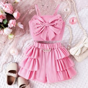 Girls Fashion Solid Color Bow Certificate Shorts Two Piece Set