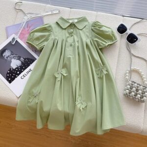 Kids Toddler Big Girls Casual Cute Solid Color Bow Short Sleeve Lapel POLO Dress