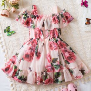 Kids Toddler Girls Casual Cute Flower Print Off Shoulder Strap Dress
