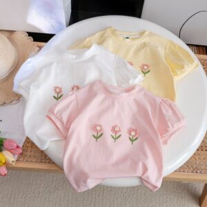 Kids Toddler Girls Casual Cute Flower Short Sleeve Round Neck T-Shirt