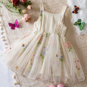 Kids Toddler Girls Casual Cute Embroidery Flower Mesh Strap Dress