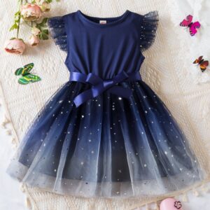 Kids Toddler Girls Casual Cute Sequins Bow Fluttering Sleeve Mesh Dress