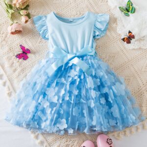 Kids Toddler Girls Casual Cute Flower Bow Fluttering Sleeve Mesh Dress