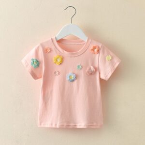 Kids Toddler Girls Casual Cute Flower Short Sleeve Round Neck T-Shirt