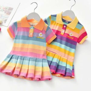 Kids Toddler Girls Casual Cute Sweet Multicolor Stripe Short Sleeve Lapel POLO Dress