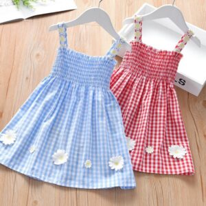 Kids Toddler Girls Casual Cute Flower Plaid Print Strap Dress