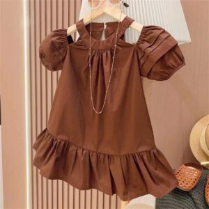 Kids Toddler Girls Casual Cute Solid Color Puff Sleeve Dress