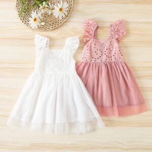 Summer Children Girls Solid Color Sling Stitching Mesh Dress
