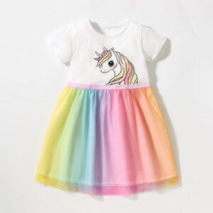 Children Girls Multicolor Mesh Unicorn Printed Short Sleeve Dress