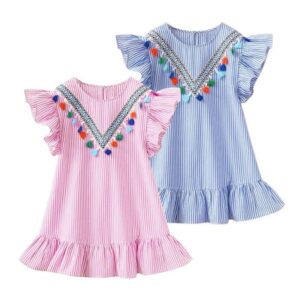 Kids Toddler Girls Casual Cute Stripe Print Fluttering Sleeve Dress