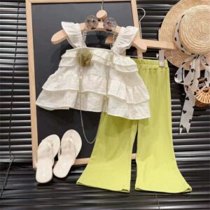 Kids Toddler Girls Fashion Casual Solid Color Strap Top Flare Trousers Set