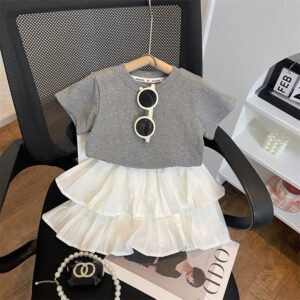 Kids Toddler Girls Fashion Casual Solid Color Short Sleeve T-Shirt Mesh Skirt Set