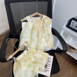 Kids Toddler Girls Casual Cute Bow Tiny Flower Mesh Halter Neck Top Shorts Set