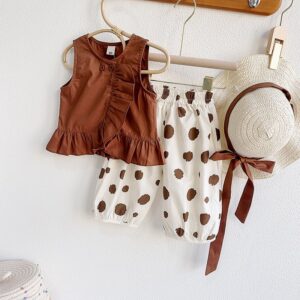 Kids Toddler Girls Fashion Casual Solid Color Sleeveless Top Polka Dot Pants Set